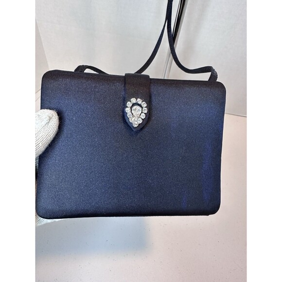 Saks Fifth Avenue Vintage Italy Black Satin Cocktail Purse With Jewel Clasp - Picture 2 of 11